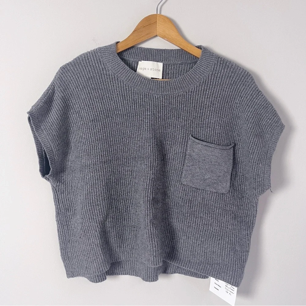 2/$30 Sage + Stone Gray Ribbed Boxy Knit Short Sleeve Sweater XL
